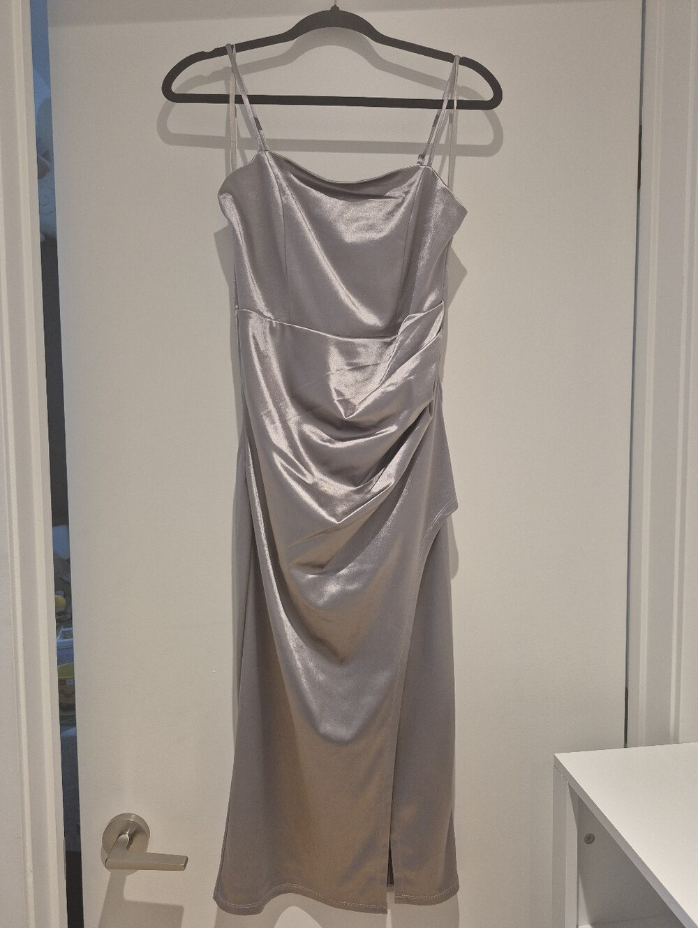 le chateau Silver-Gray Satin Midi Slip Dress with Side Ruching